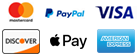Icon for payment methods: Mastercard, Paypal, Visa, Discover, Apple Pay, American Express